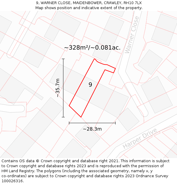 9, WARNER CLOSE, MAIDENBOWER, CRAWLEY, RH10 7LX: Plot and title map