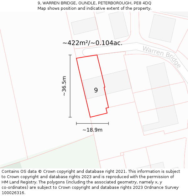 9, WARREN BRIDGE, OUNDLE, PETERBOROUGH, PE8 4DQ: Plot and title map