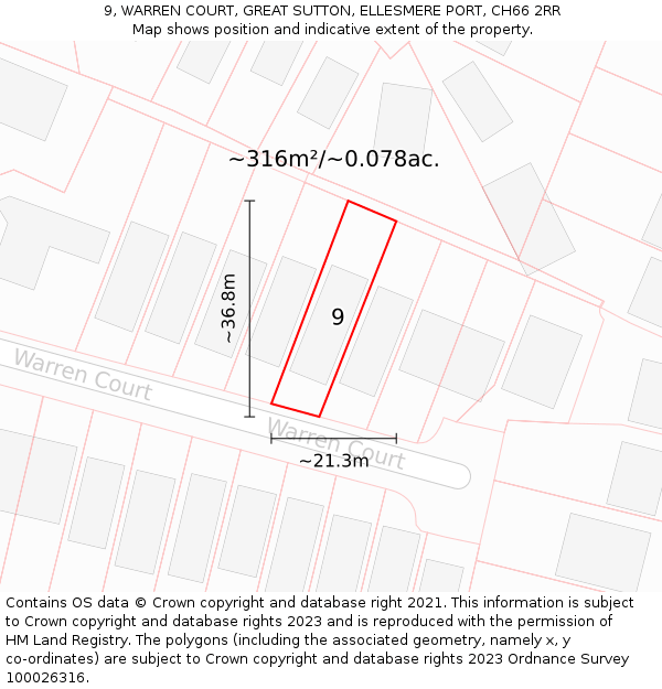 9, WARREN COURT, GREAT SUTTON, ELLESMERE PORT, CH66 2RR: Plot and title map
