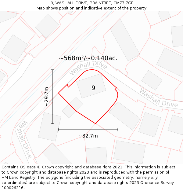9, WASHALL DRIVE, BRAINTREE, CM77 7GF: Plot and title map