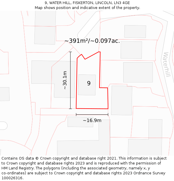 9, WATER HILL, FISKERTON, LINCOLN, LN3 4GE: Plot and title map