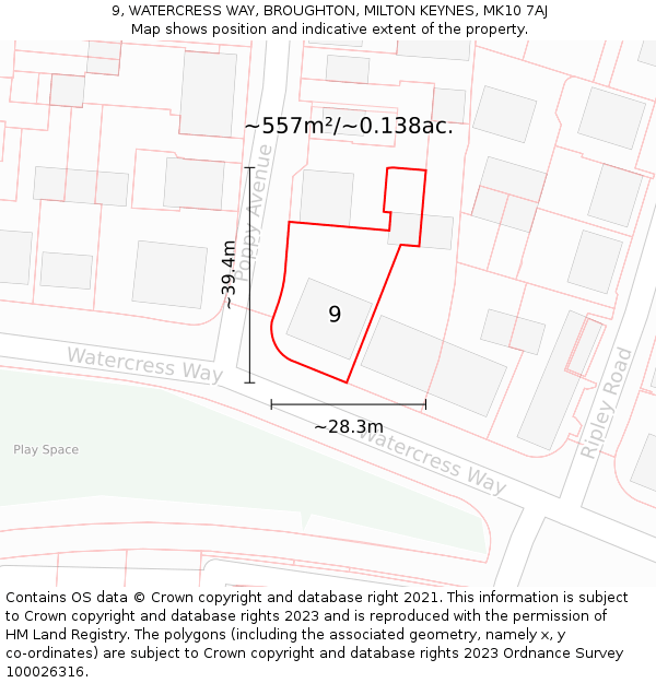 9, WATERCRESS WAY, BROUGHTON, MILTON KEYNES, MK10 7AJ: Plot and title map