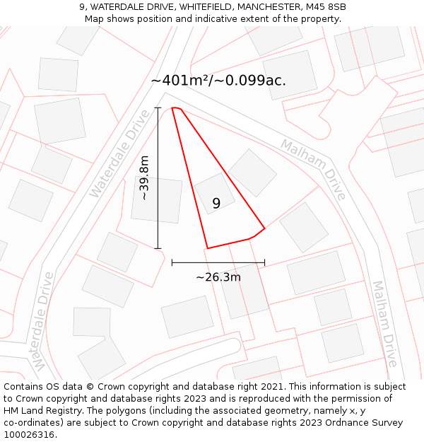 9, WATERDALE DRIVE, WHITEFIELD, MANCHESTER, M45 8SB: Plot and title map