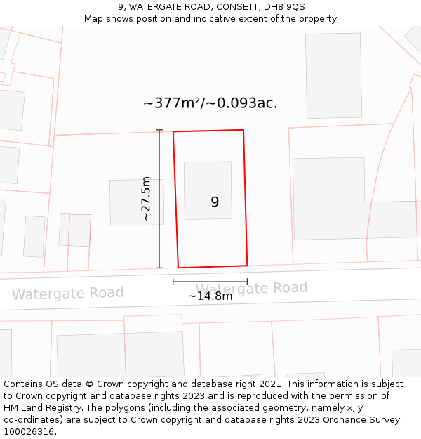 9, WATERGATE ROAD, CONSETT, DH8 9QS: Plot and title map