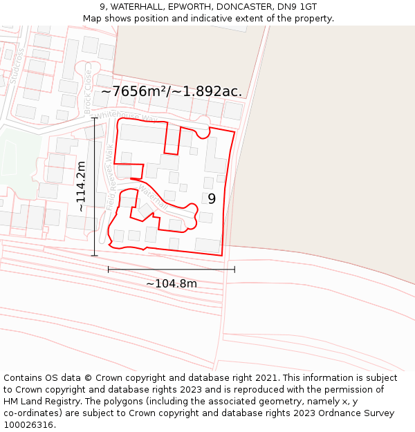 9, WATERHALL, EPWORTH, DONCASTER, DN9 1GT: Plot and title map