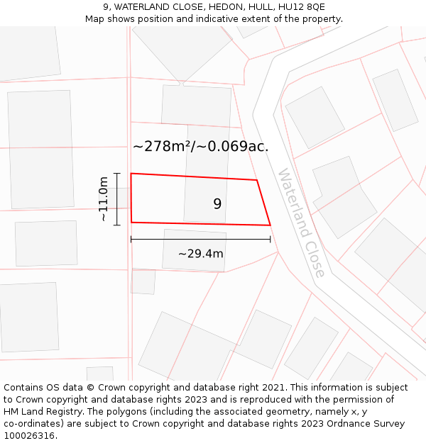 9, WATERLAND CLOSE, HEDON, HULL, HU12 8QE: Plot and title map