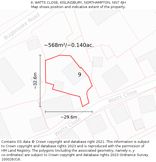 9, WATTS CLOSE, KISLINGBURY, NORTHAMPTON, NN7 4JH: Plot and title map