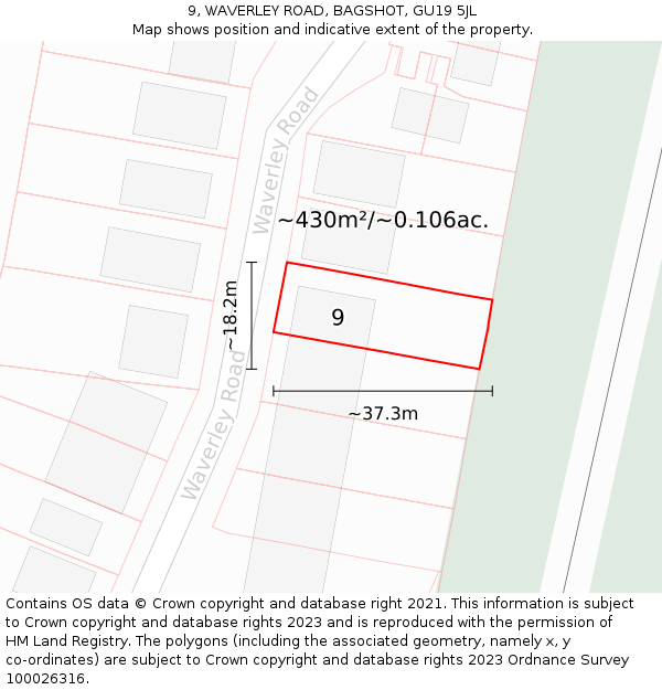 9, WAVERLEY ROAD, BAGSHOT, GU19 5JL: Plot and title map