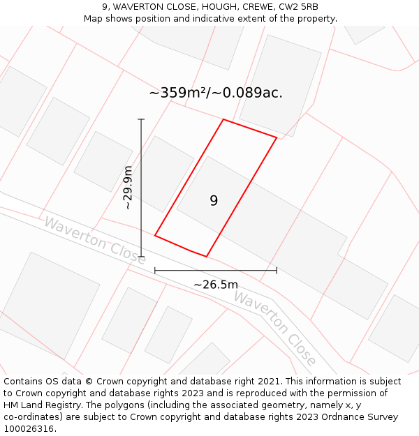 9, WAVERTON CLOSE, HOUGH, CREWE, CW2 5RB: Plot and title map