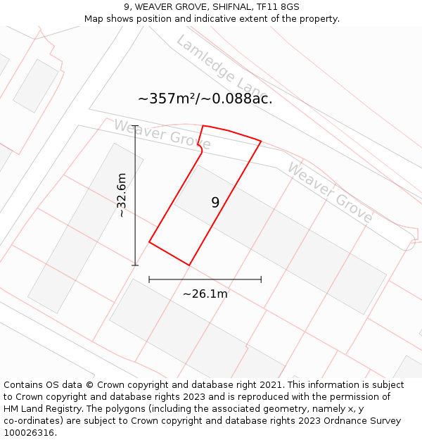 9, WEAVER GROVE, SHIFNAL, TF11 8GS: Plot and title map