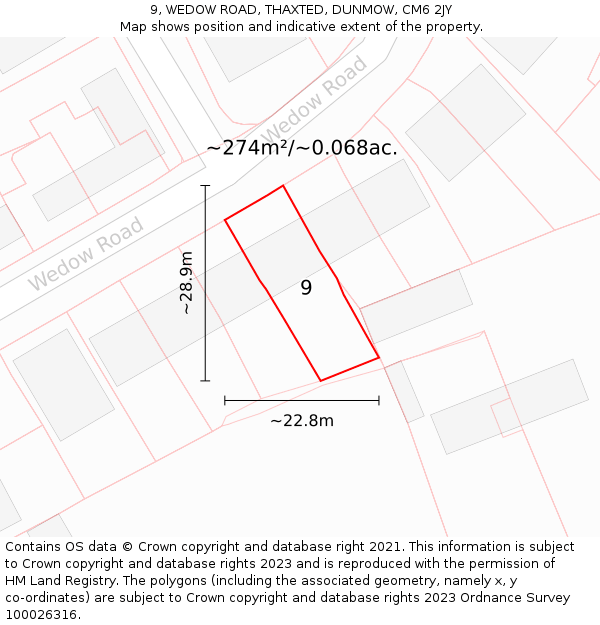 9, WEDOW ROAD, THAXTED, DUNMOW, CM6 2JY: Plot and title map