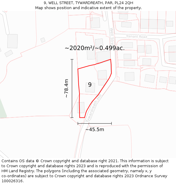 9, WELL STREET, TYWARDREATH, PAR, PL24 2QH: Plot and title map
