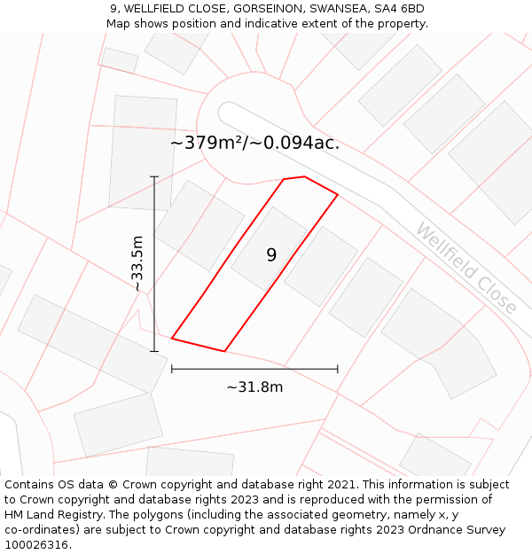 9, WELLFIELD CLOSE, GORSEINON, SWANSEA, SA4 6BD: Plot and title map