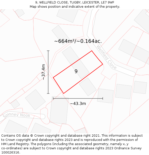 9, WELLFIELD CLOSE, TUGBY, LEICESTER, LE7 9WF: Plot and title map