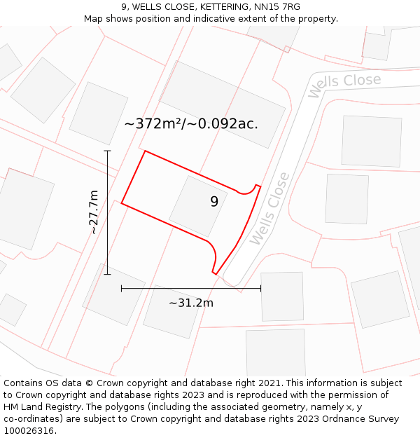 9, WELLS CLOSE, KETTERING, NN15 7RG: Plot and title map