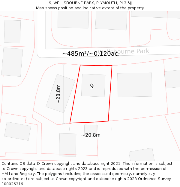 9, WELLSBOURNE PARK, PLYMOUTH, PL3 5JJ: Plot and title map