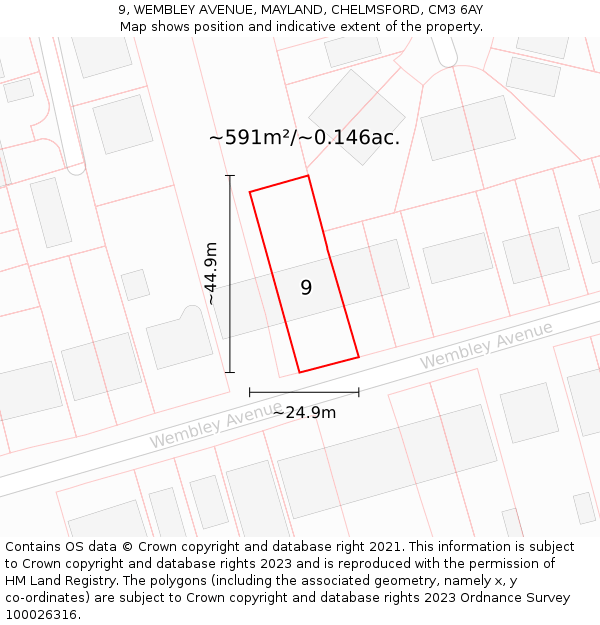 9, WEMBLEY AVENUE, MAYLAND, CHELMSFORD, CM3 6AY: Plot and title map