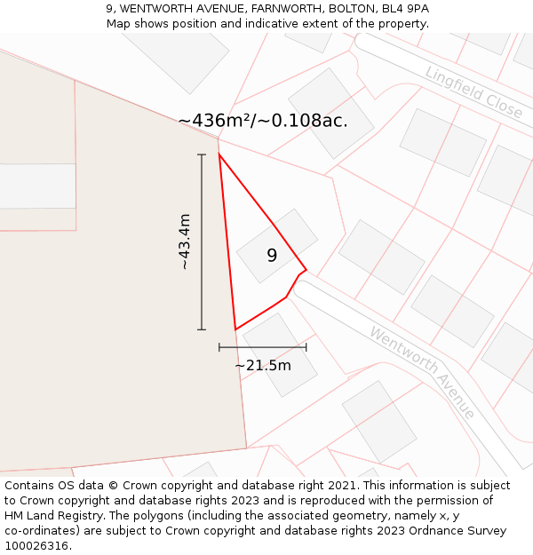 9, WENTWORTH AVENUE, FARNWORTH, BOLTON, BL4 9PA: Plot and title map