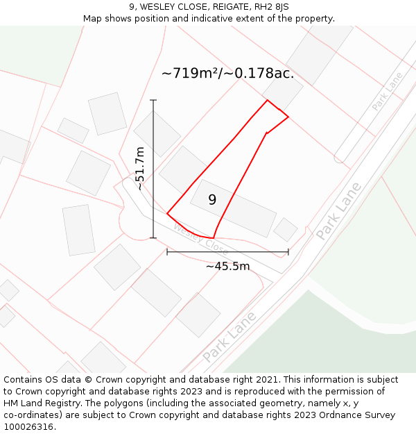 9, WESLEY CLOSE, REIGATE, RH2 8JS: Plot and title map