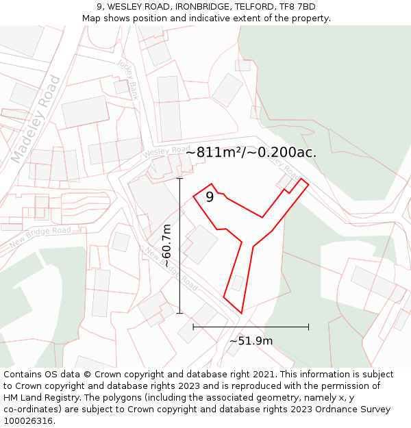 9, WESLEY ROAD, IRONBRIDGE, TELFORD, TF8 7BD: Plot and title map