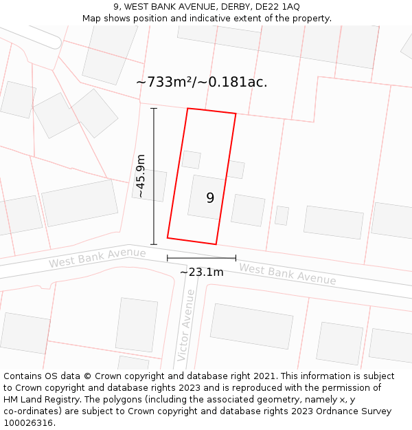 9, WEST BANK AVENUE, DERBY, DE22 1AQ: Plot and title map