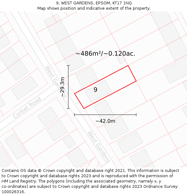 9, WEST GARDENS, EPSOM, KT17 1NQ: Plot and title map