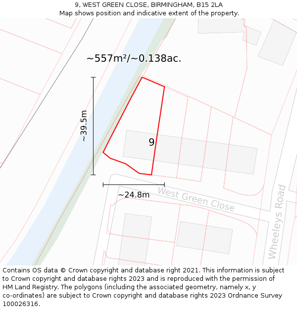 9, WEST GREEN CLOSE, BIRMINGHAM, B15 2LA: Plot and title map