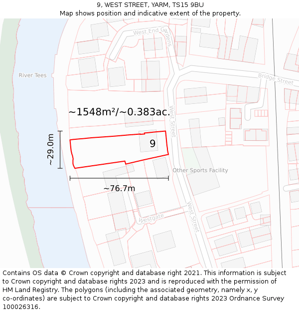 9, WEST STREET, YARM, TS15 9BU: Plot and title map