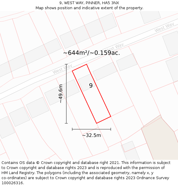 9, WEST WAY, PINNER, HA5 3NX: Plot and title map