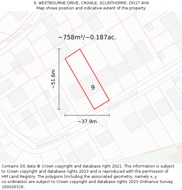 9, WESTBOURNE DRIVE, CROWLE, SCUNTHORPE, DN17 4HX: Plot and title map