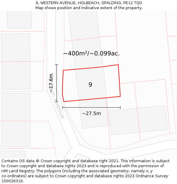 9, WESTERN AVENUE, HOLBEACH, SPALDING, PE12 7QD: Plot and title map