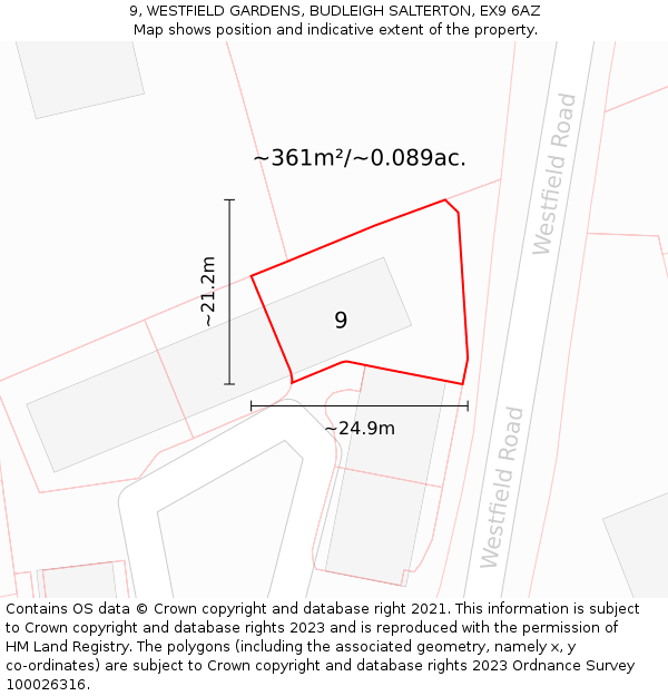 9, WESTFIELD GARDENS, BUDLEIGH SALTERTON, EX9 6AZ: Plot and title map