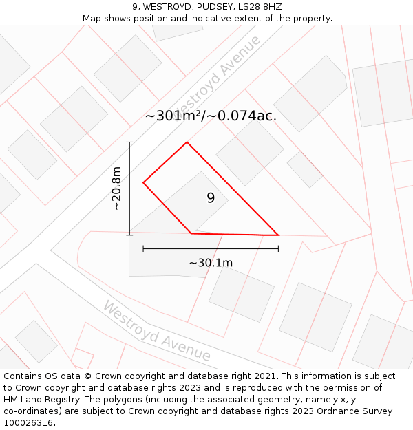 9, WESTROYD, PUDSEY, LS28 8HZ: Plot and title map