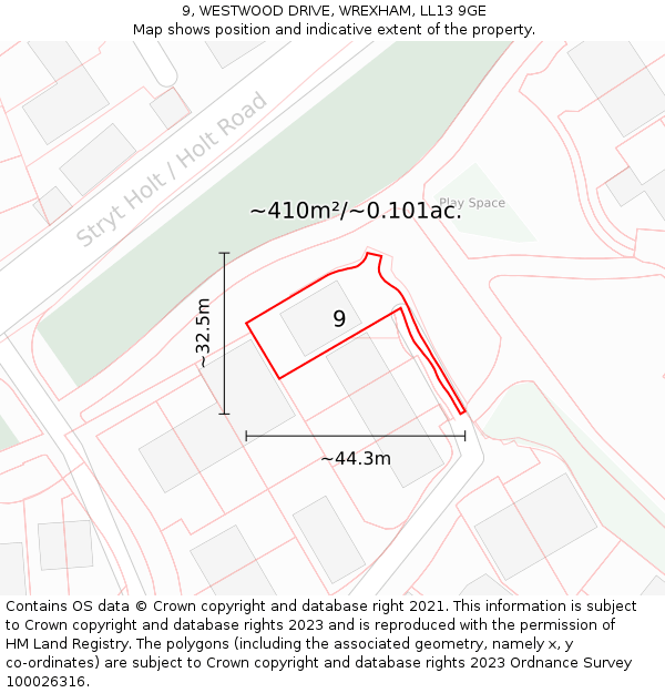 9, WESTWOOD DRIVE, WREXHAM, LL13 9GE: Plot and title map