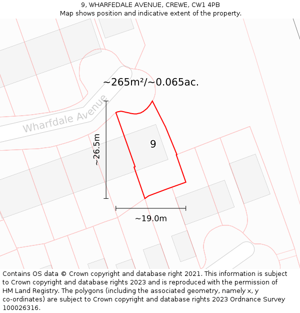 9, WHARFEDALE AVENUE, CREWE, CW1 4PB: Plot and title map