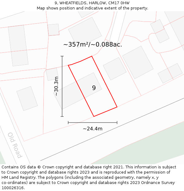 9, WHEATFIELDS, HARLOW, CM17 0HW: Plot and title map