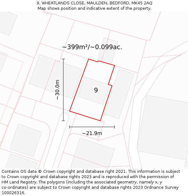 9, WHEATLANDS CLOSE, MAULDEN, BEDFORD, MK45 2AQ: Plot and title map