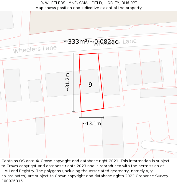 9, WHEELERS LANE, SMALLFIELD, HORLEY, RH6 9PT: Plot and title map