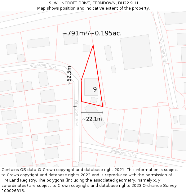 9, WHINCROFT DRIVE, FERNDOWN, BH22 9LH: Plot and title map