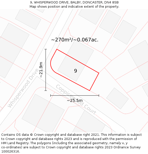 9, WHISPERWOOD DRIVE, BALBY, DONCASTER, DN4 8SB: Plot and title map