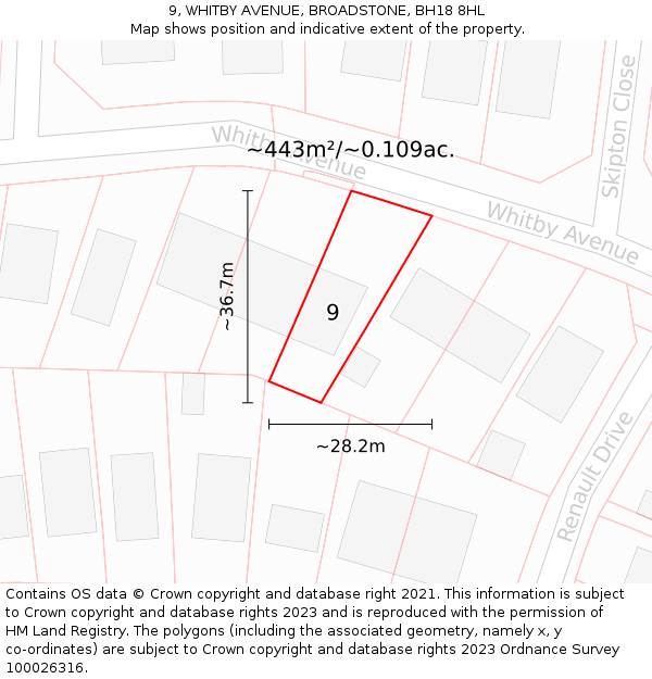 9, WHITBY AVENUE, BROADSTONE, BH18 8HL: Plot and title map