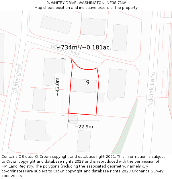 9, WHITBY DRIVE, WASHINGTON, NE38 7NW: Plot and title map