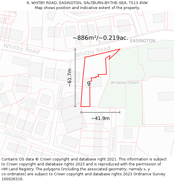 9, WHITBY ROAD, EASINGTON, SALTBURN-BY-THE-SEA, TS13 4NW: Plot and title map