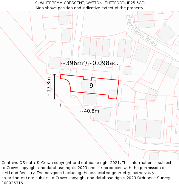 9, WHITEBEAM CRESCENT, WATTON, THETFORD, IP25 6GD: Plot and title map