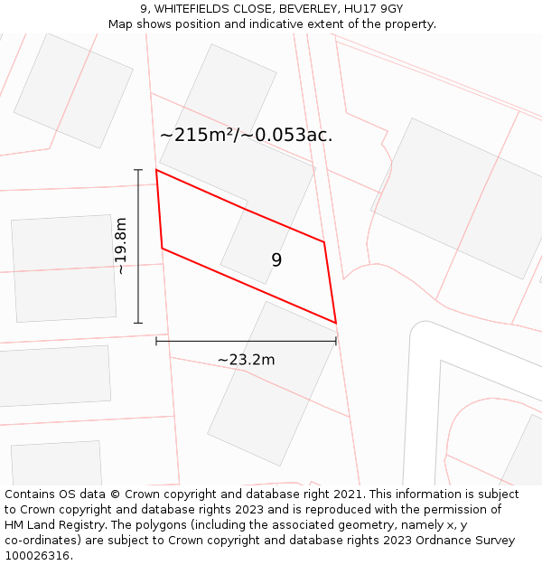 9, WHITEFIELDS CLOSE, BEVERLEY, HU17 9GY: Plot and title map