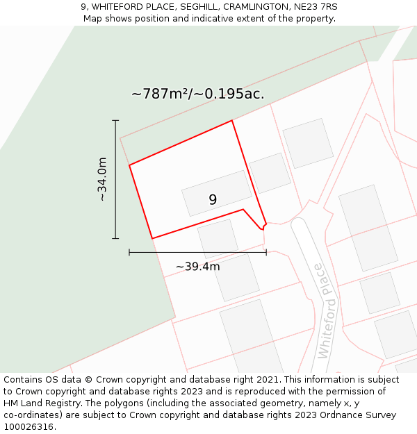 9, WHITEFORD PLACE, SEGHILL, CRAMLINGTON, NE23 7RS: Plot and title map