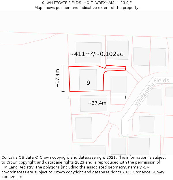 9, WHITEGATE FIELDS, HOLT, WREXHAM, LL13 9JE: Plot and title map