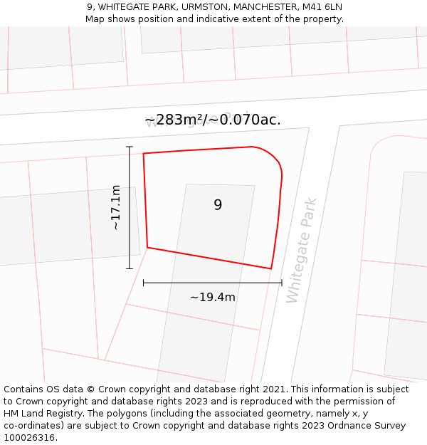 9, WHITEGATE PARK, URMSTON, MANCHESTER, M41 6LN: Plot and title map