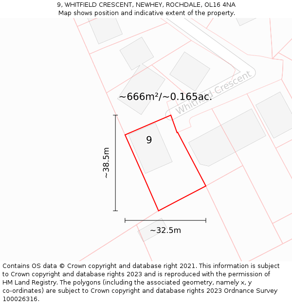 9, WHITFIELD CRESCENT, NEWHEY, ROCHDALE, OL16 4NA: Plot and title map