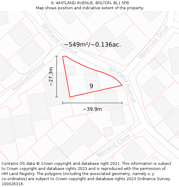 9, WHITLAND AVENUE, BOLTON, BL1 5FB: Plot and title map